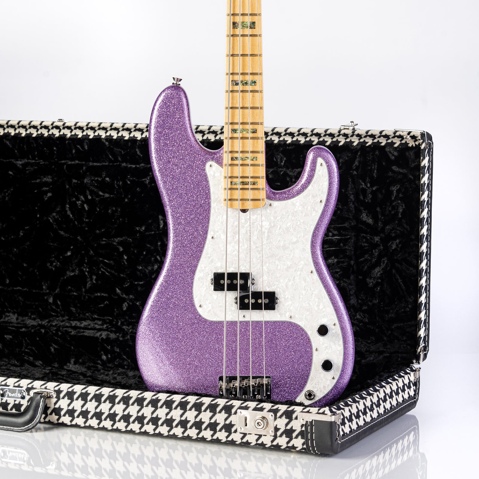 USED Fender Adam Clayton Signature Precision Bass Guitar- Purple Sparkle with Houndstooth HSC