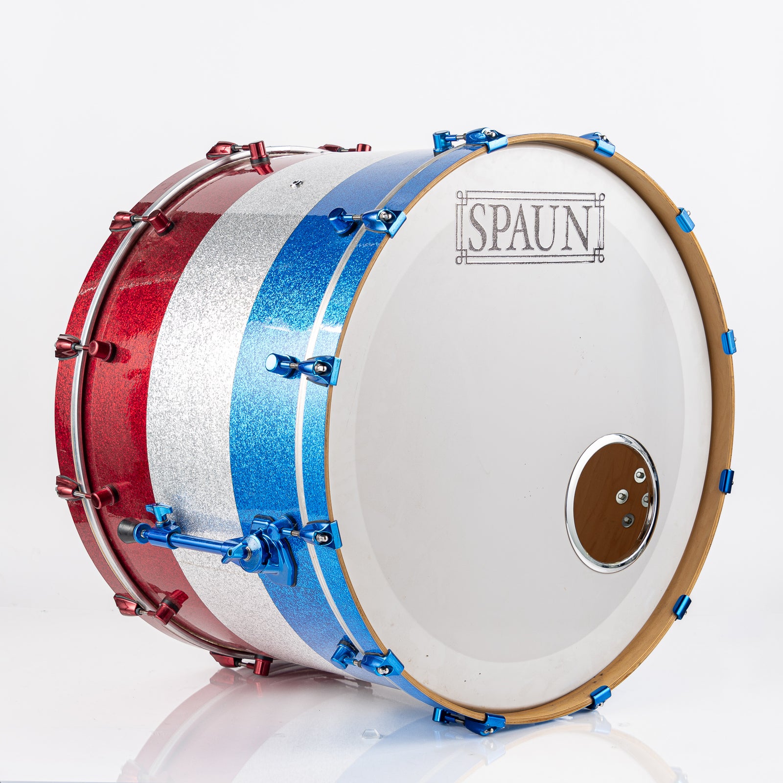 USED Spaun 26" x 20" Bass Drum- Red, Silver, and Blue Metallic Sparkle