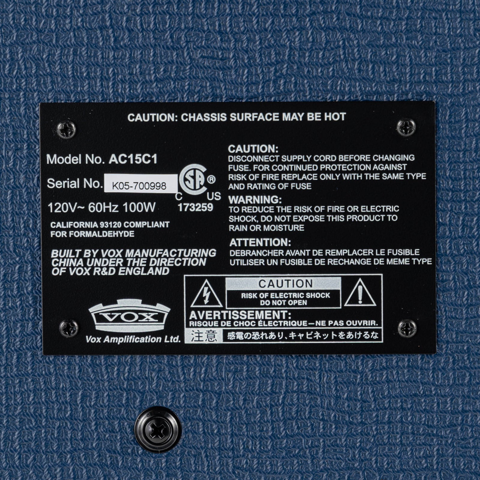 USED 2012 Vox AC15C1-BL Blue Limited Edition 15 Watt 1x12 Guitar Combo Amplifier with Amp Stand and Cover