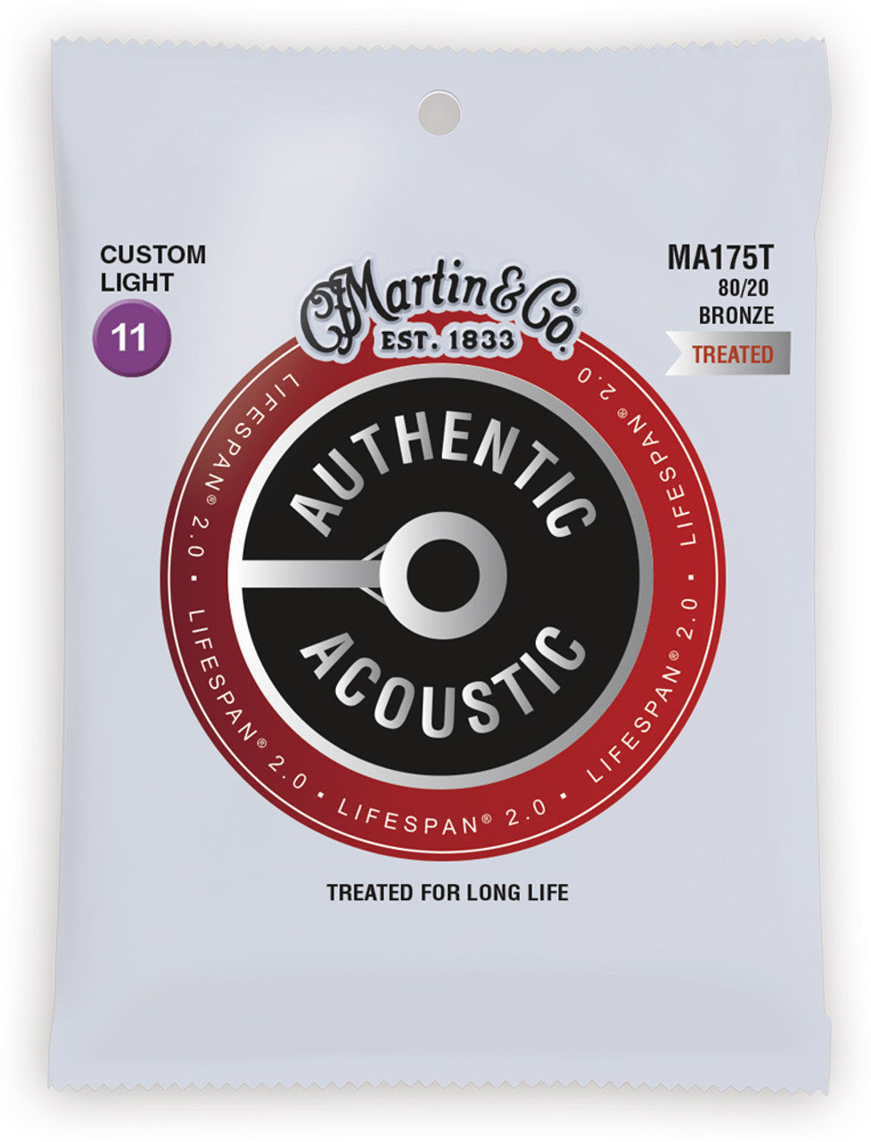 Martin MA175T Authentic Acoustic Lifespan® 2.0 Treated 80/20 Bronze Custom Light Acoustic Guitar Strings (12-52)