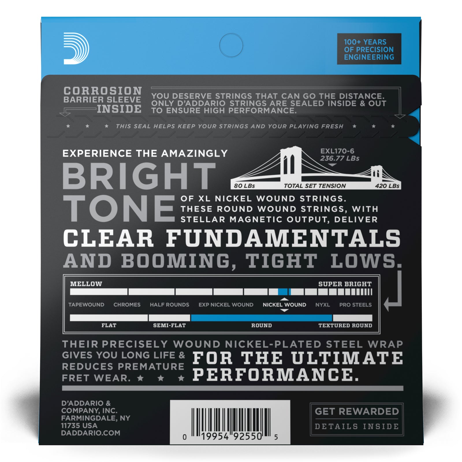 D'Addario EXL170-6 Regular Light Long Scale 6-String Bass Strings (32-130)