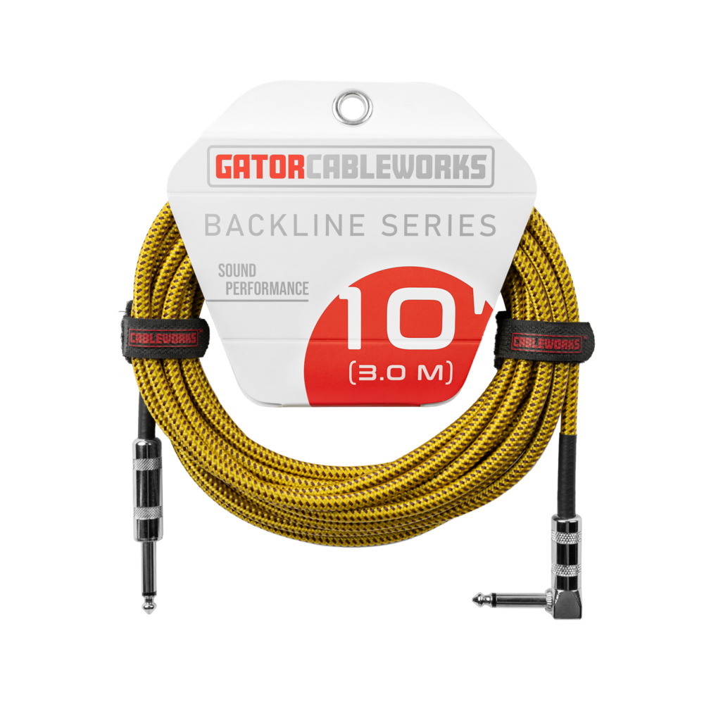 Gator GCWB-INS-10RABRY Braided Instrument Cable Straight to Right Angle - 10ft, Brown and Yellow