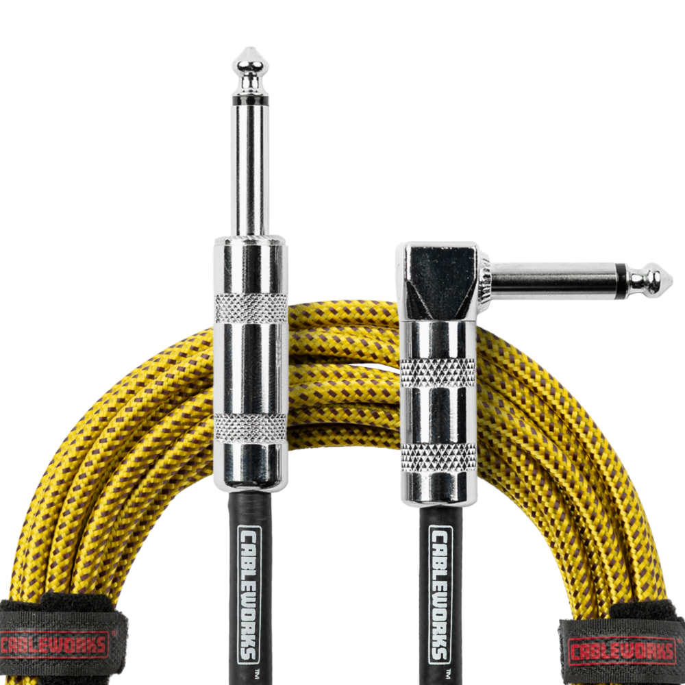 Gator GCWB-INS-10RABRY Braided Instrument Cable Straight to Right Angle - 10ft, Brown and Yellow