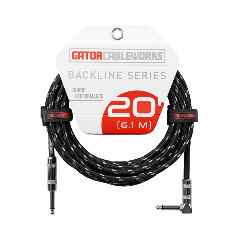 Gator GCWB-INS-20RABG Braided Instrument Cable Straight to Right Angle - 20ft, Black and Grey