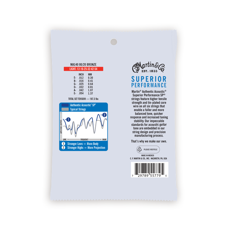 Martin MA140 Authentic Acoustic SP® 80/20 Bronze Light Acoustic Guitar Strings (12-54)