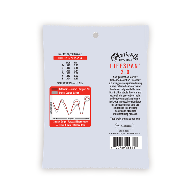 Martin MA140T Authentic Acoustic Lifespan® 2.0 80/20 Bronze Light Acoustic Guitar Strings (12-54)