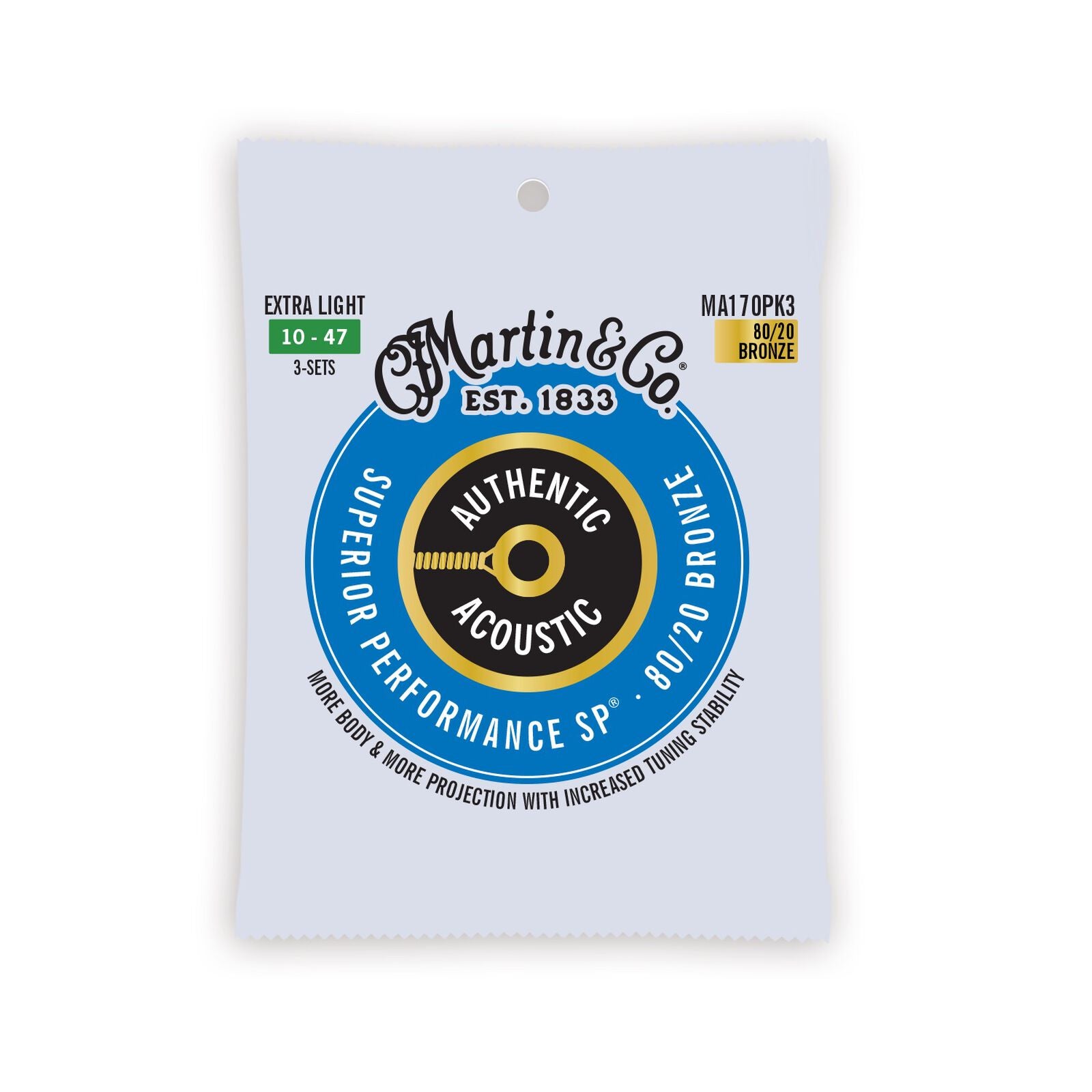 Martin Authentic Acoustic SP® Guitar Strings MA170PK3 80/20 Bronze Extra Light 10's 3 Pack
