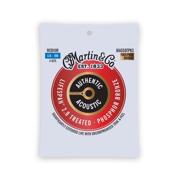 Martin MA550TPK3 Authentic Acoustic Lifespan® 2.0 Treated Phosphor Bronze Medium Acoustic Guitar Strings 3 Pack (13-56)