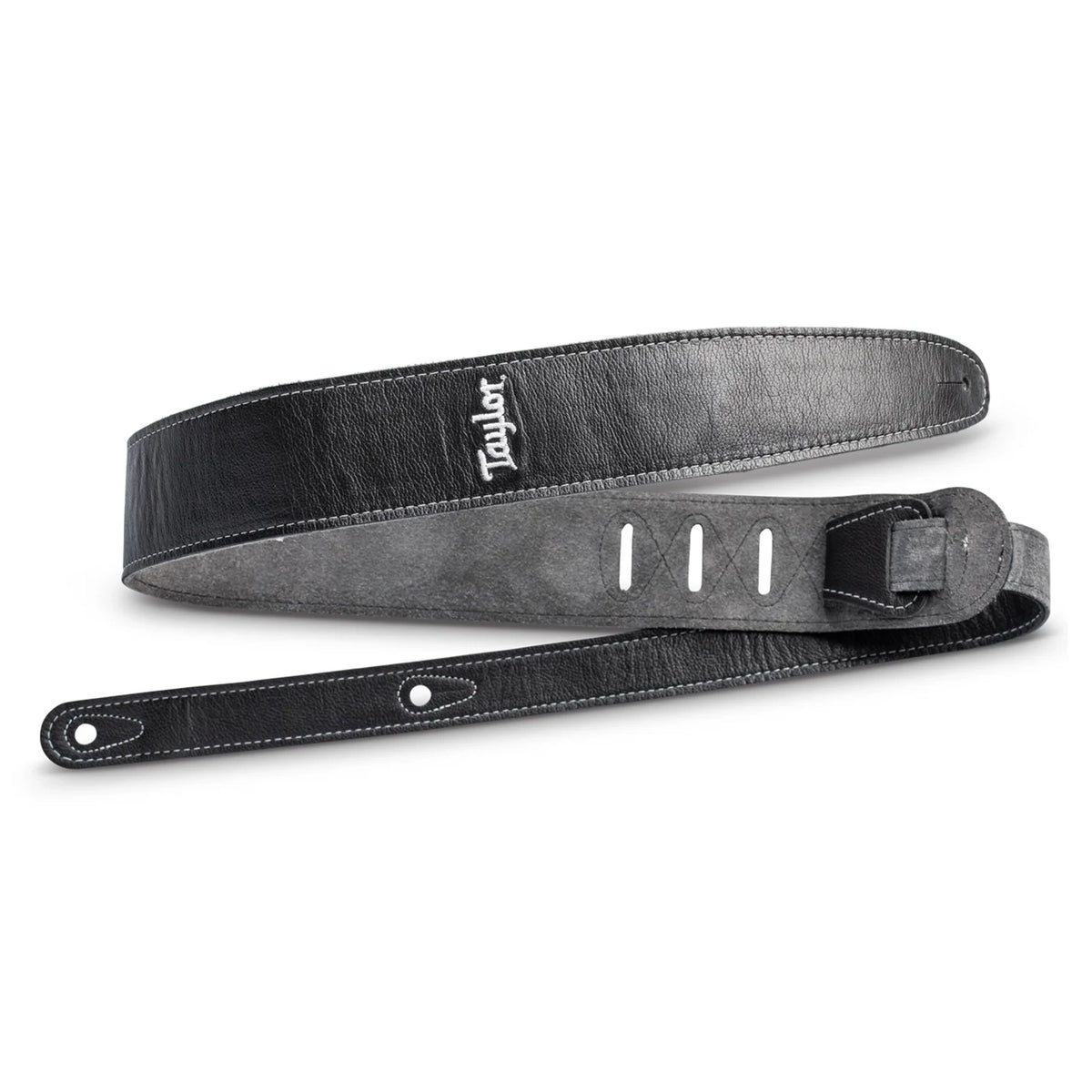 Taylor 2.5" Black Leather Guitar Strap - Black Suede Back with Silver Logo