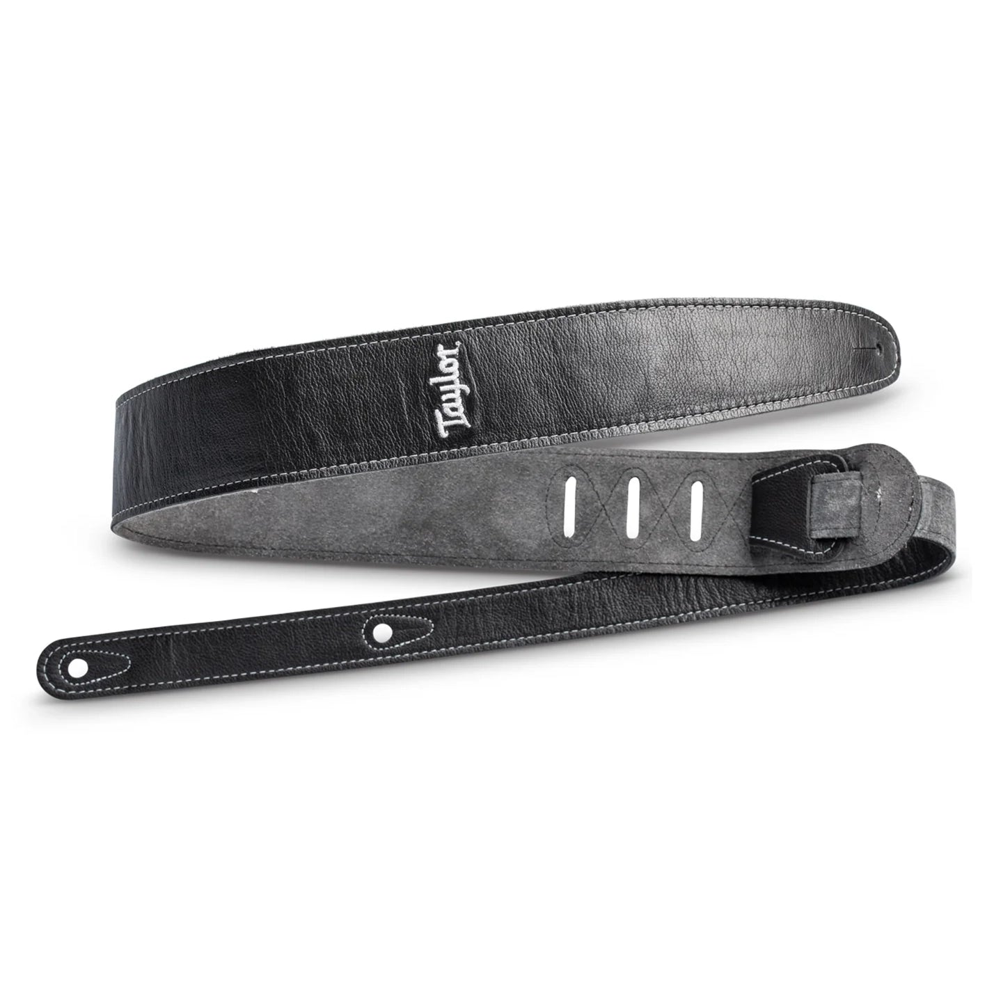 Taylor 2.5" Black Leather Guitar Strap - Black Suede Back with Silver Logo