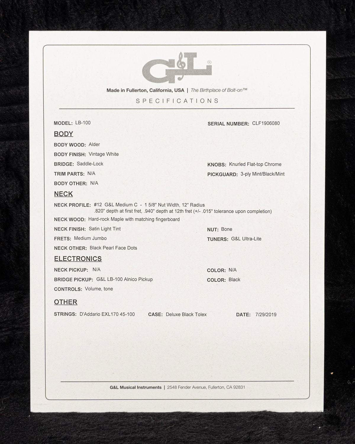 USED 2019 G&L LB-100 Fullerton Deluxe Custom Made Electric Bass - Vintage White