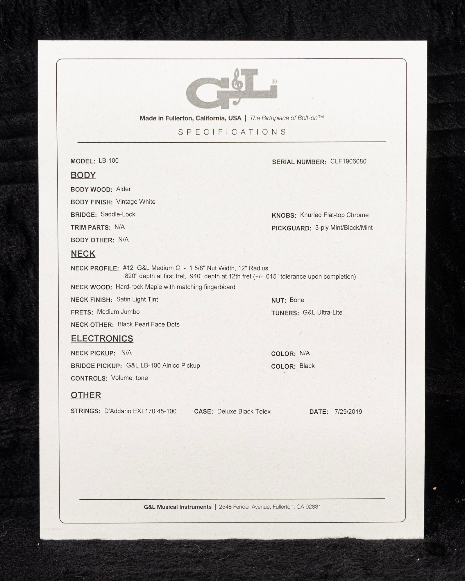 USED 2019 G&L LB-100 Fullerton Deluxe Custom Made Electric Bass - Vintage White