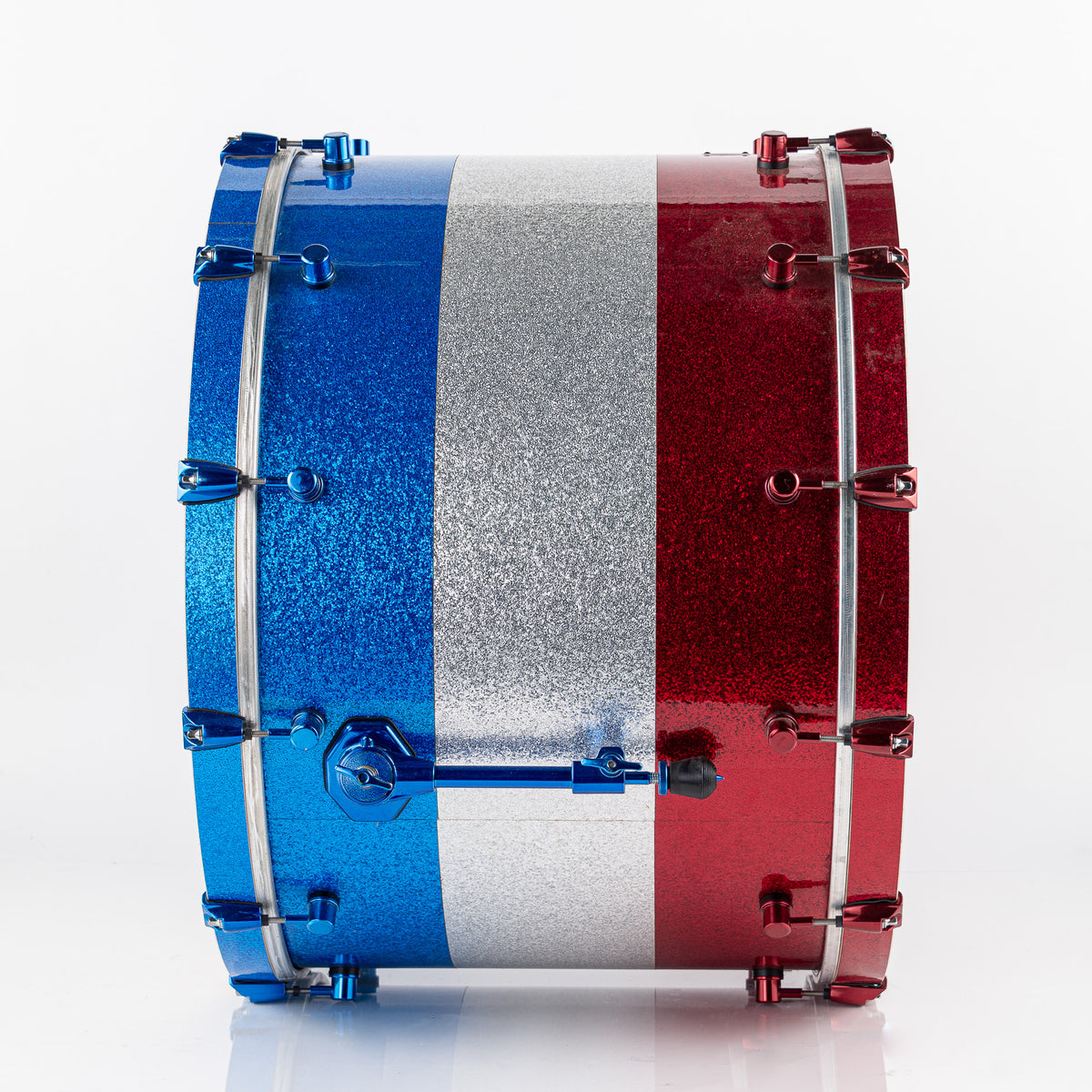 USED Spaun 26" x 20" Bass Drum- Red, Silver, and Blue Metallic Sparkle