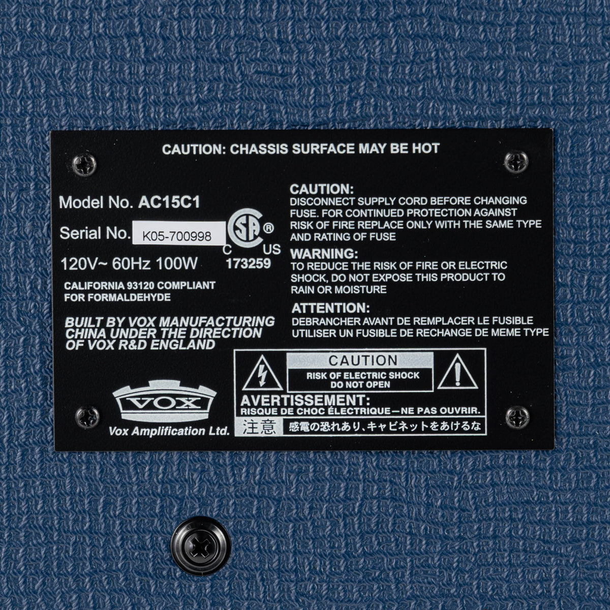 USED 2012 Vox AC15C1-BL Blue Limited Edition 15 Watt 1x12 Guitar Combo Amplifier with Amp Stand and Cover