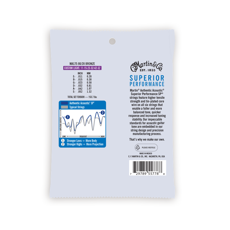 Martin MA175 Authentic Acoustic SP® 80/20 Bronze Custom Light Acoustic Guitar Strings (11-52)