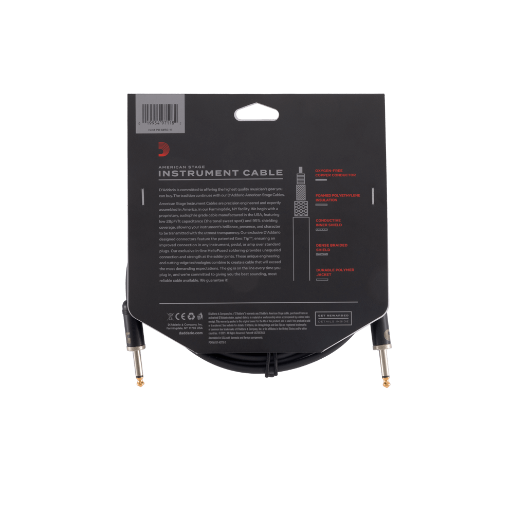 D'Addario PW-AMSG-10 American Stage Instrument Cable Straight to Straight - 10ft