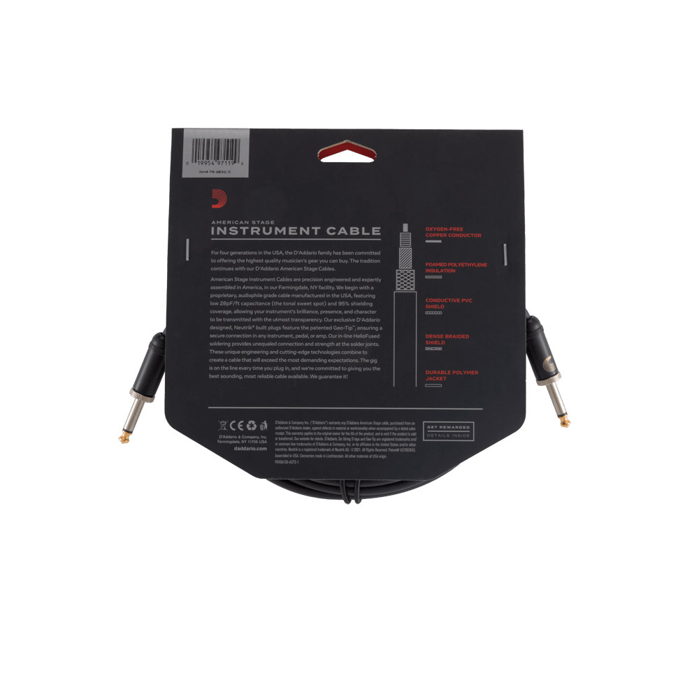 D'Addario PW-AMSG-15 American Stage Instrument Cable Straight to Straight - 15ft
