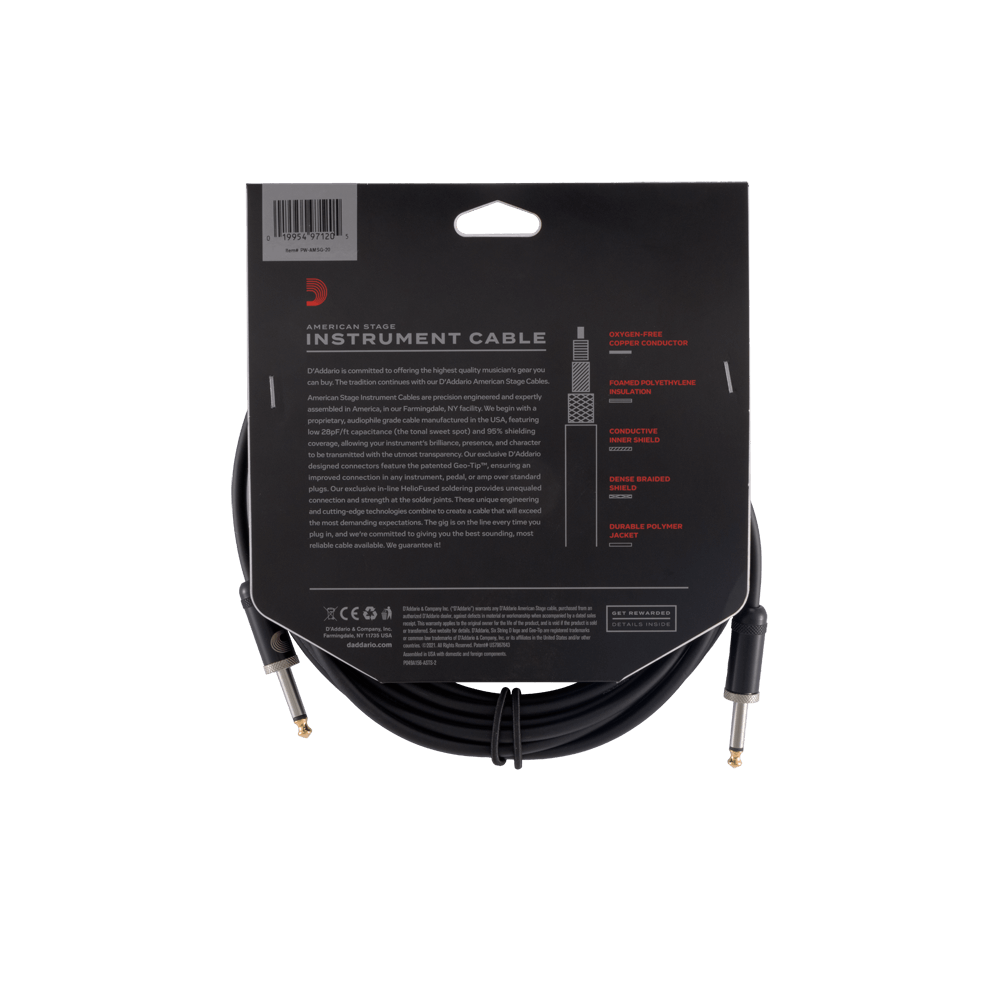 D'Addario PW-AMSG-20 American Stage Instrument Cable Straight to Straight - 20ft
