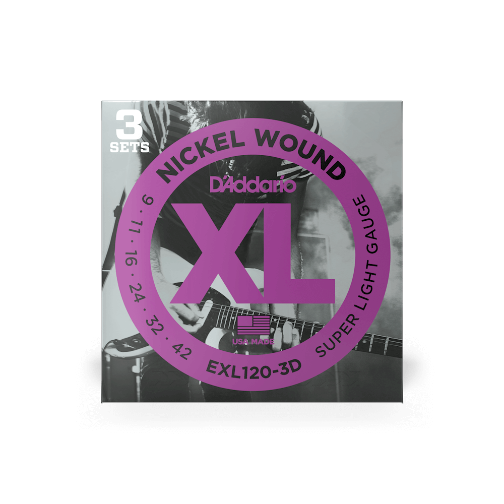 D'addario 3 Pack EXL120-3D Nickel Wound Electric Guitar Strings - Super Light (9-42)