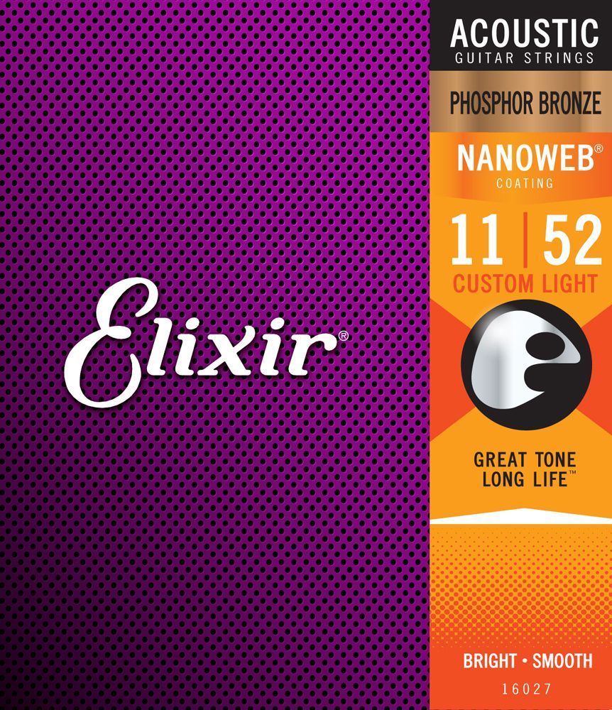 Elixir Custom Light Nanoweb Coated Acoustic Guitar Strings Phosphor Bronze 11-52