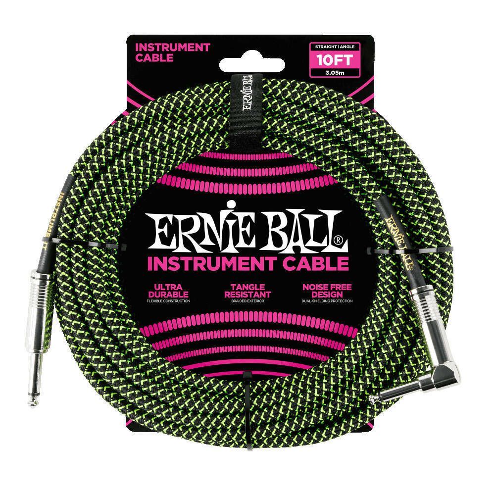 Ernie Ball 10' Braided Black/Green Straight to Right Angle