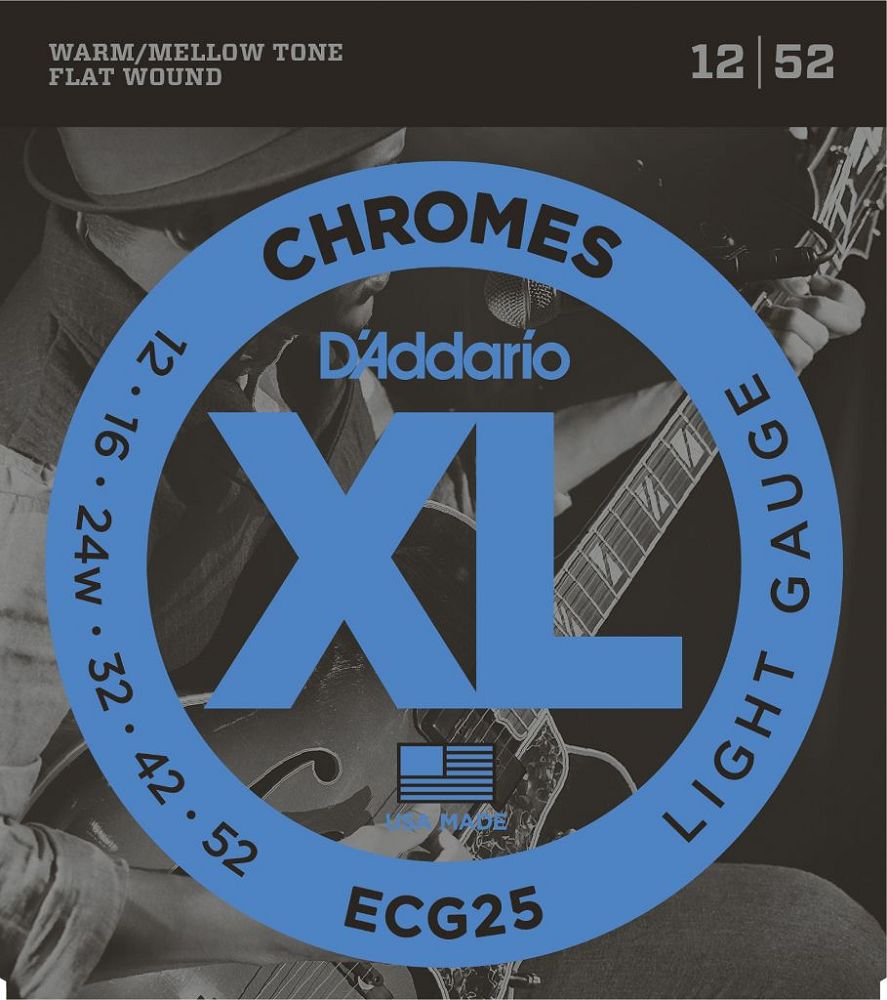 D'Addario ECG25 Chromes Flat Wound Electric Guitar Strings, Light Gauge 12-52