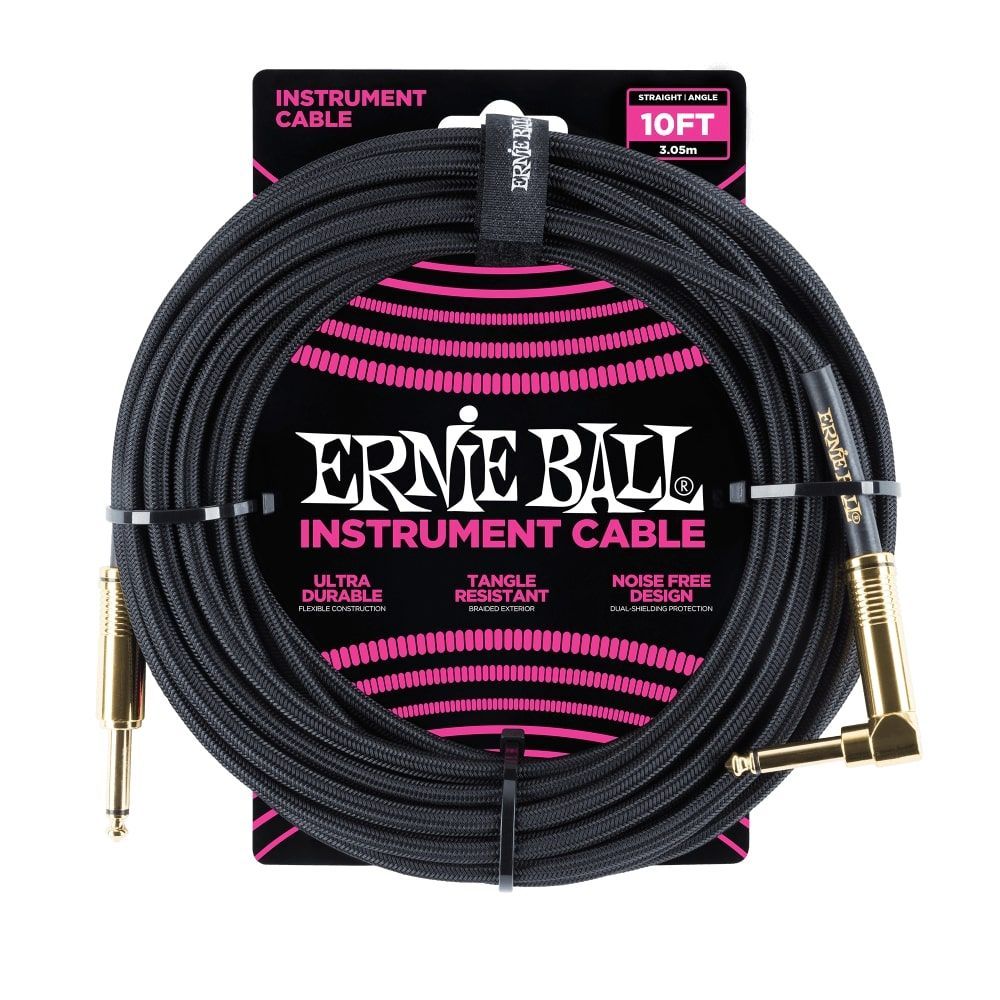 Ernie Ball 10' Braided Straight to Right Angle Cable Black