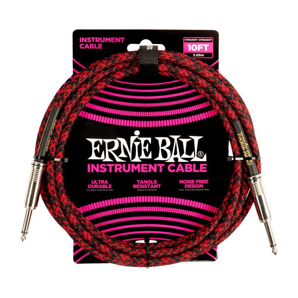 Ernie Ball 10' Braided Cable Straight to Straight Red/Black